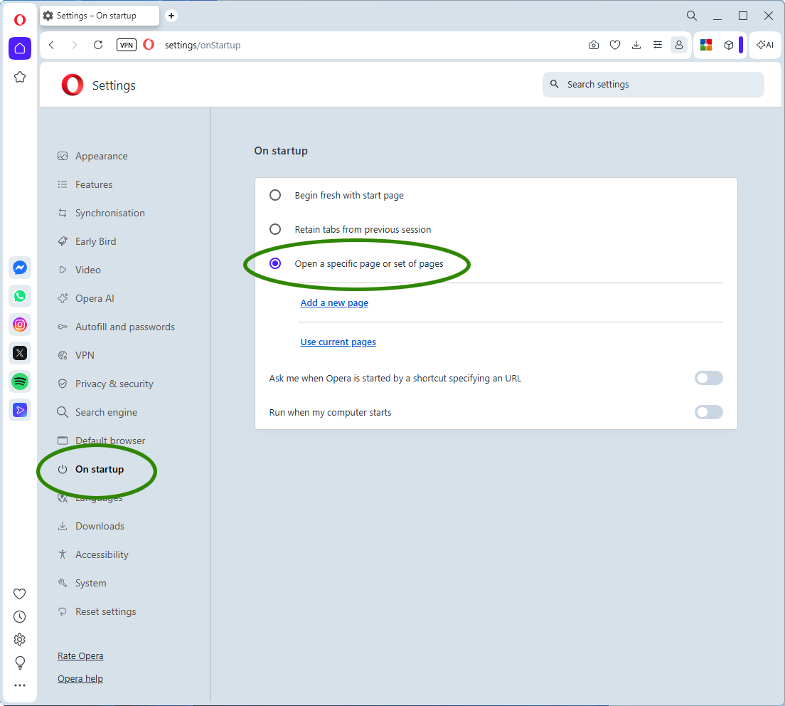 Set Opera homepage